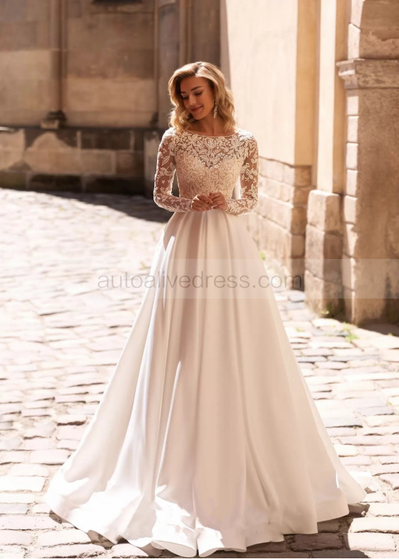 Long Sleeves Beaded Ivory Lace Satin Wedding Dress